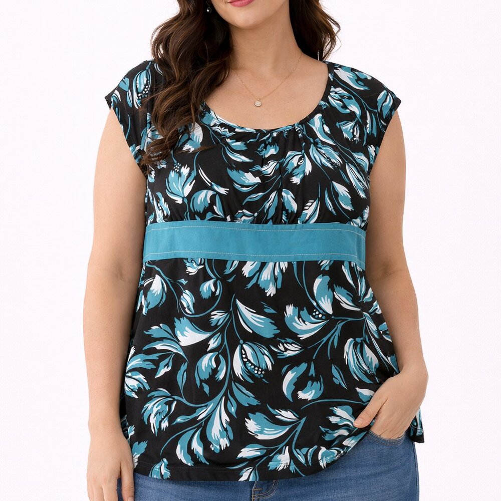 Ann Taylor LOFT Floral Cap Sleeve Blouse Size 16 Blue Black Empire Waist NWOT